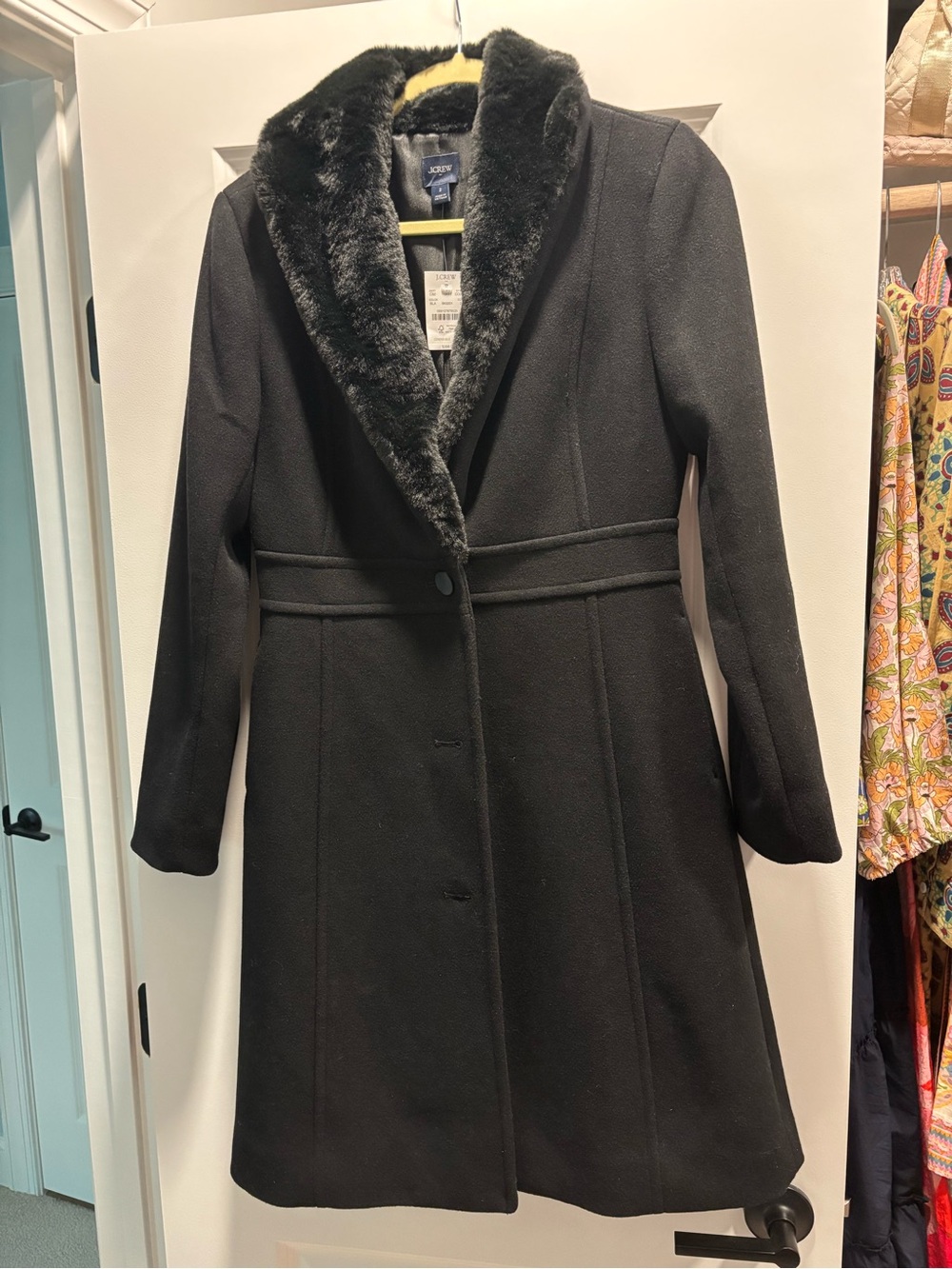 New with tags J. Crew Black Wool Lady Day Coat with Faux-Fur Collar